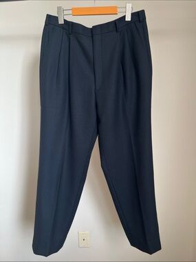 Navy Blue Wool Hopsack Pleated Trousers